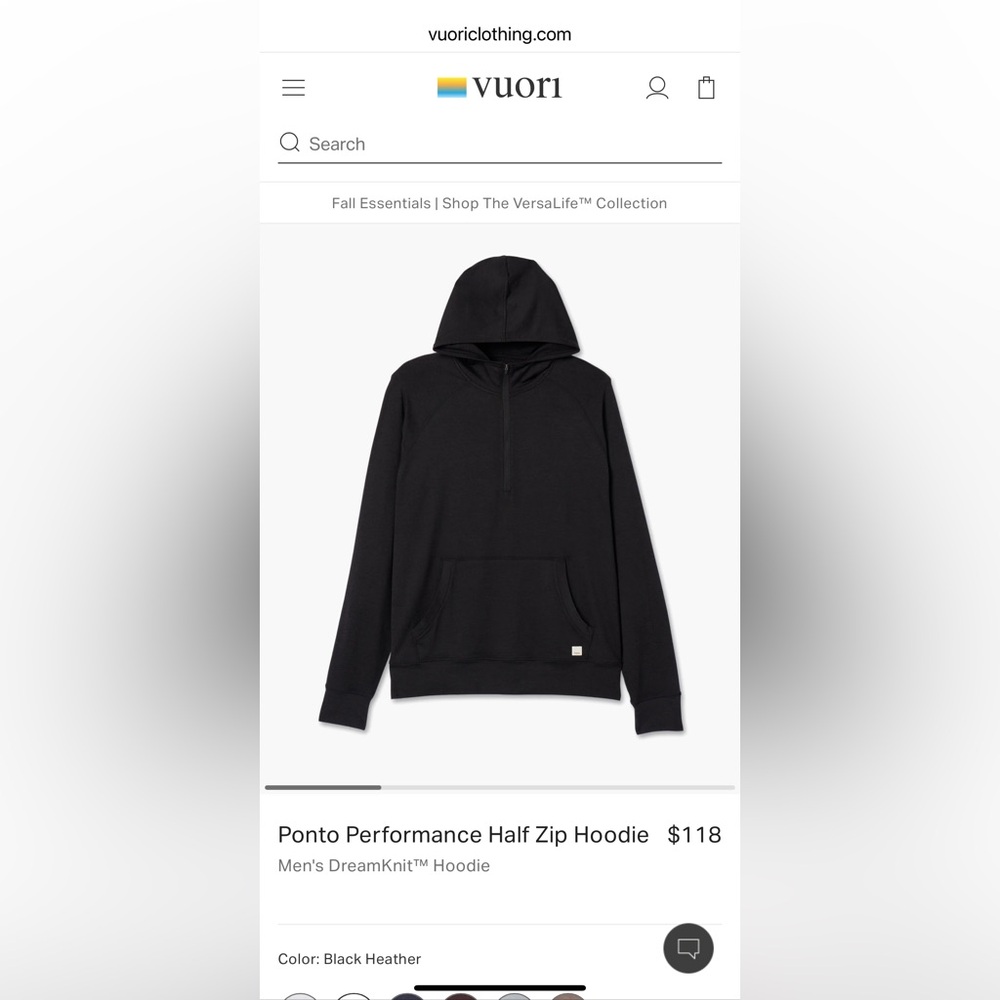 Vuori- Men’s  “Ponto Performance half-zip Hoodie” Black XXL